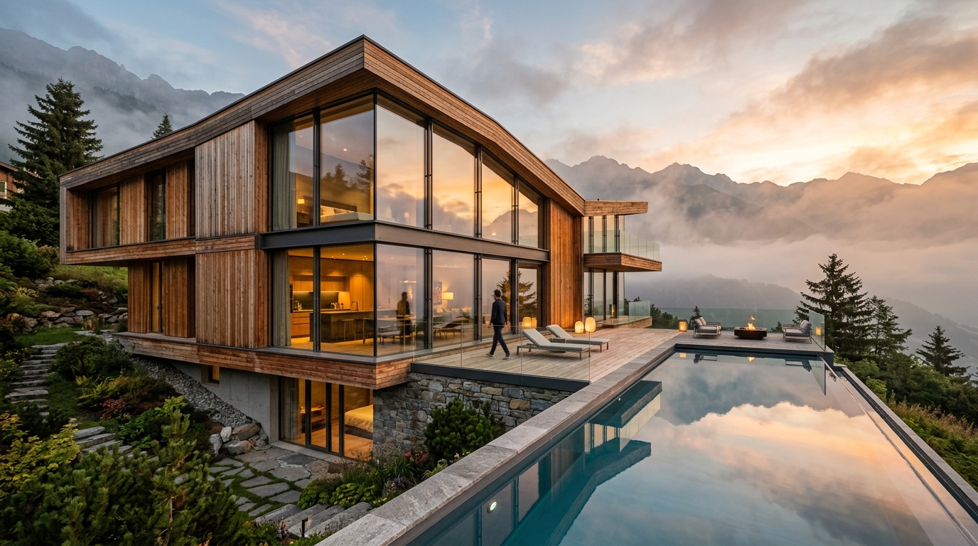 The Alpine Ridge Modernist Residence at dusk with infinity pool